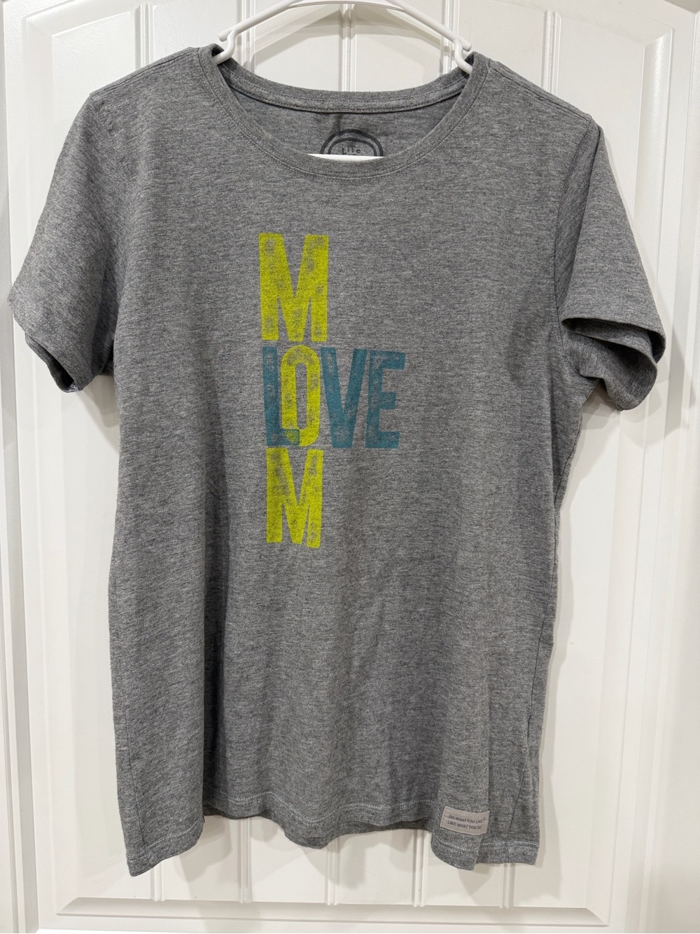 EUC Life Is Good Grey Tee with Yellow and Blue 'MOM LOVE' Graphic